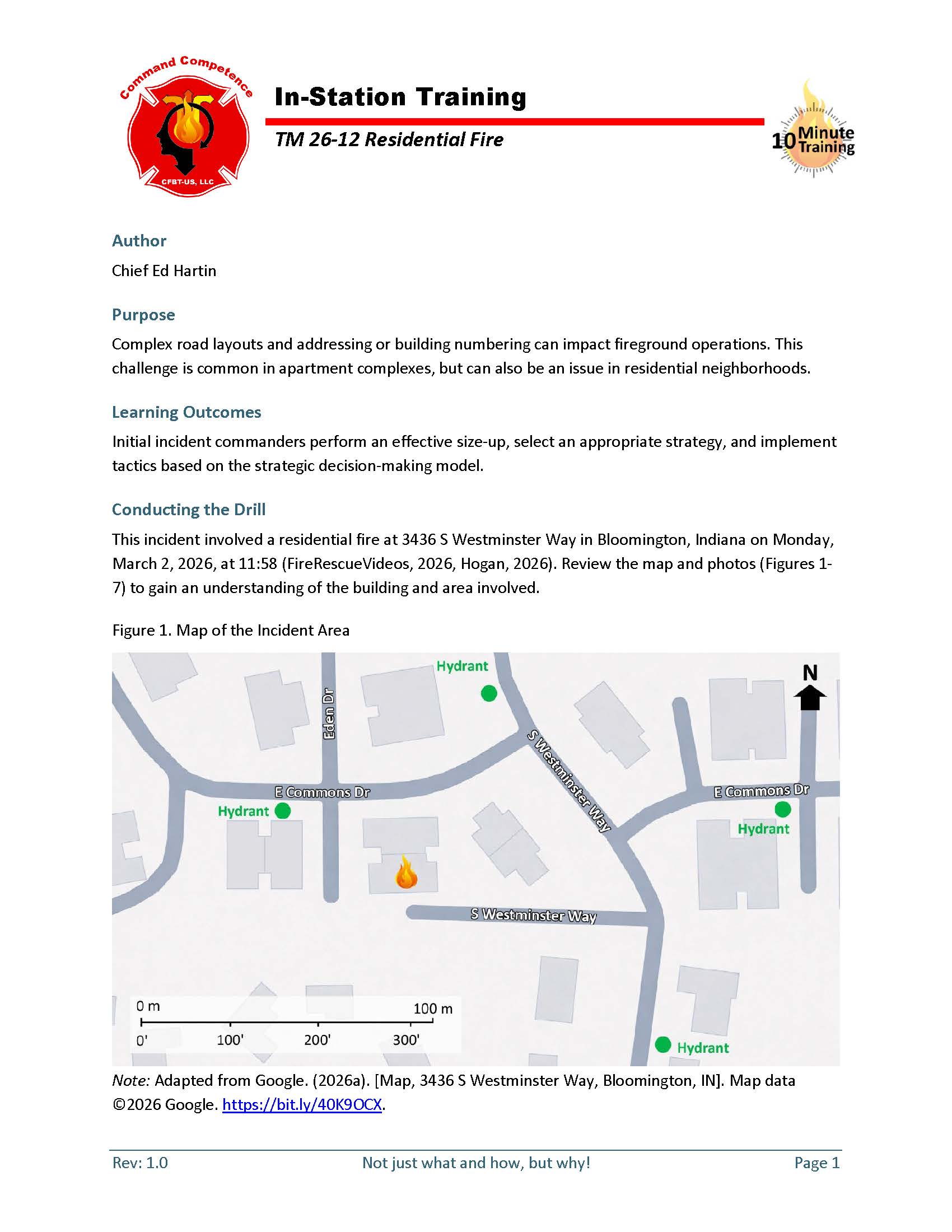 First page of TM 26-12 residential fire tactical decision game.