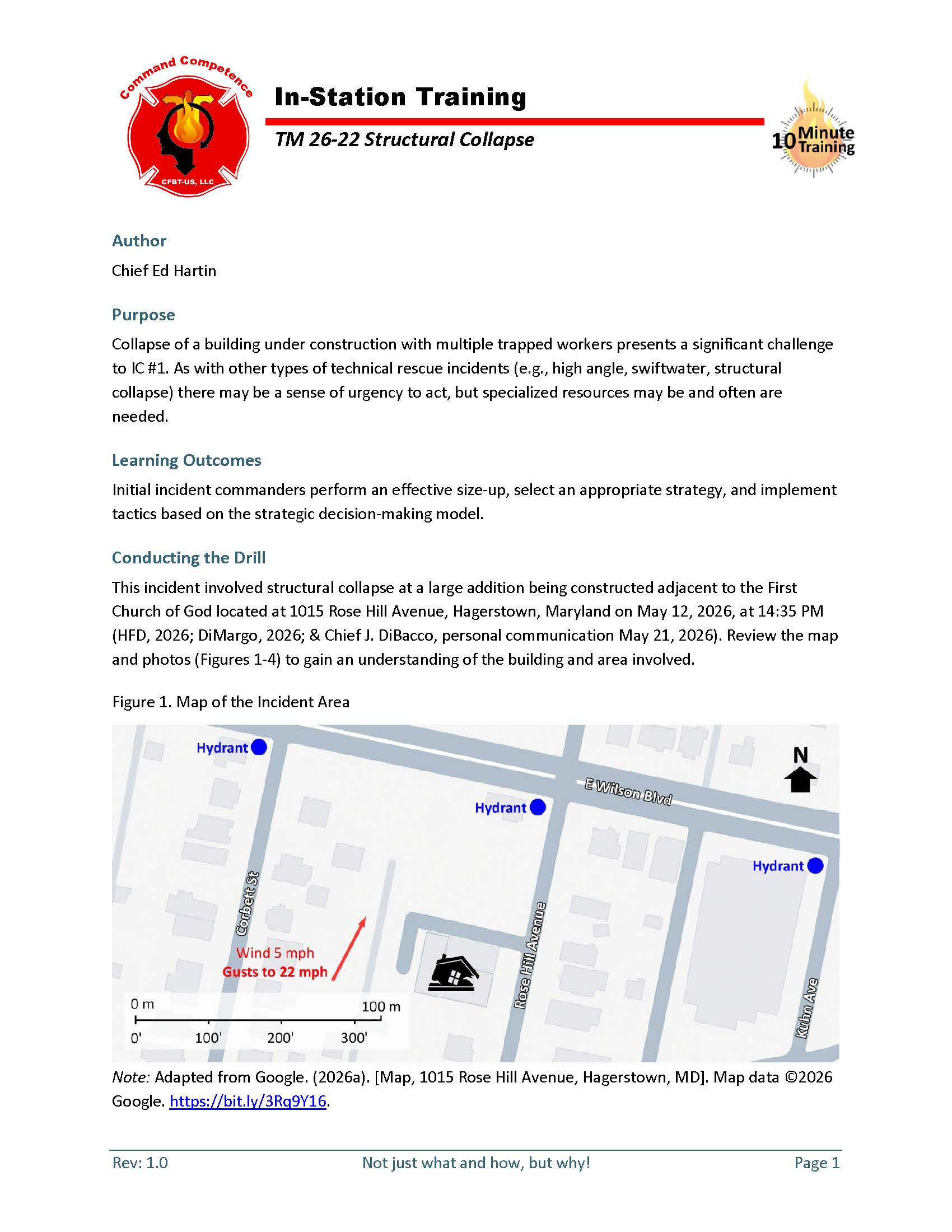 First page of 10-Minute Training 26-22, a structural collapse tactical decision game.